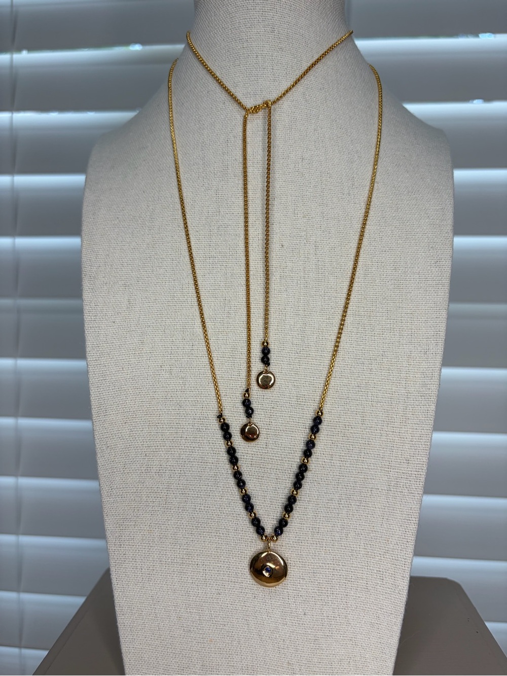 Layered Gold lariat style Necklace with Black Bead Accents - Women Jewelry